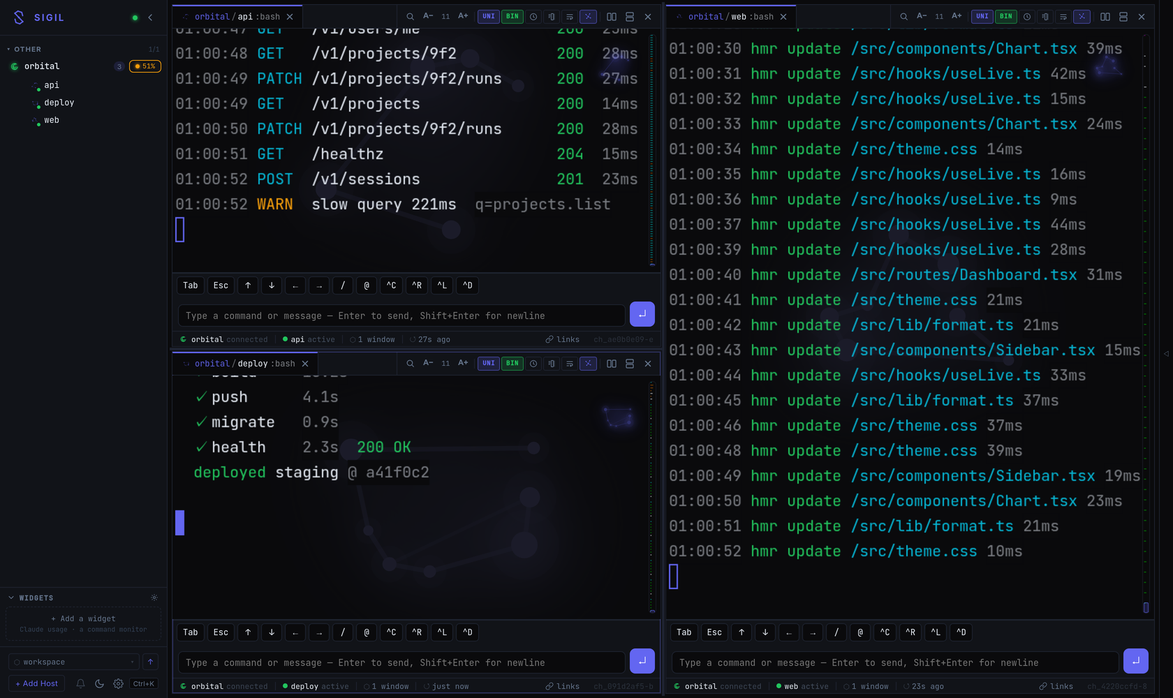 Sigil showing three live tmux sessions from one host, split across panes